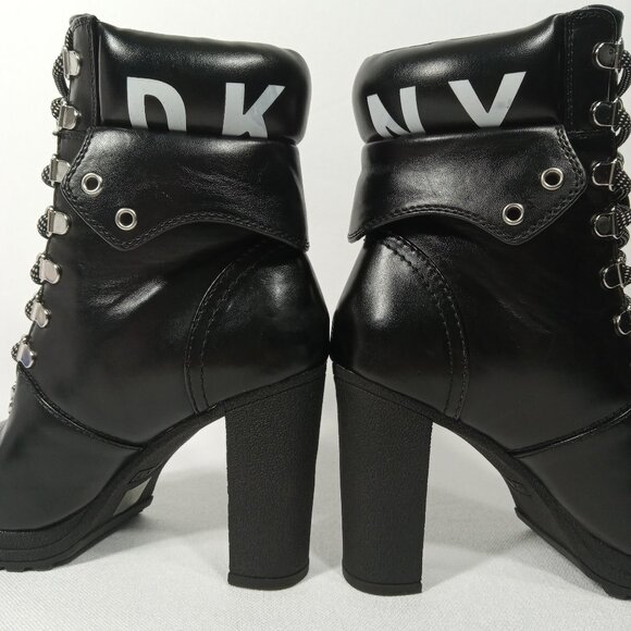 DKNY Black Moto Style Lace Up Logo High Heel Ankle Boots Womens Size 7.5 - Picture 11 of 14